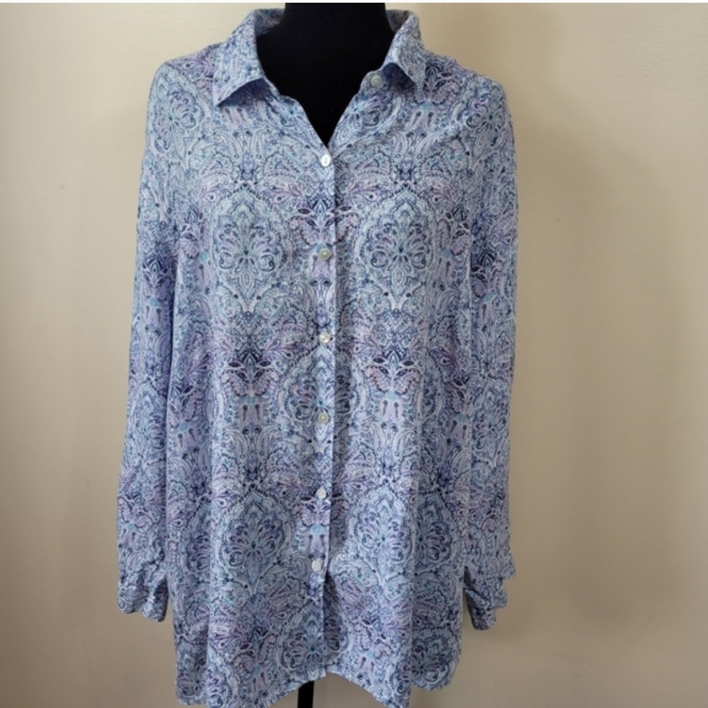 J JILL XL Linen Blue and Purple Paisley Button-Up Shirt